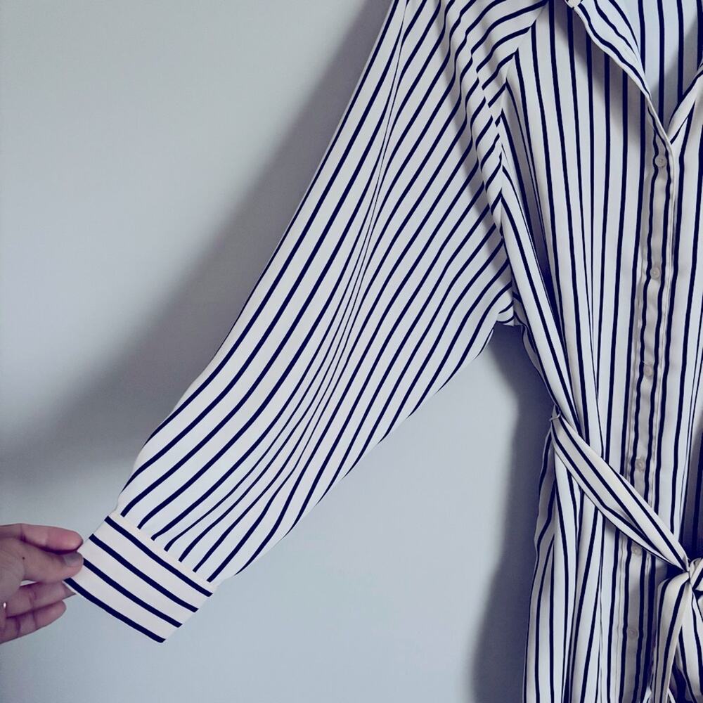 Express Black & Cream Striped Long Sleeve Shirt Dress with Tie Waist, Size M - Picture 3 of 7